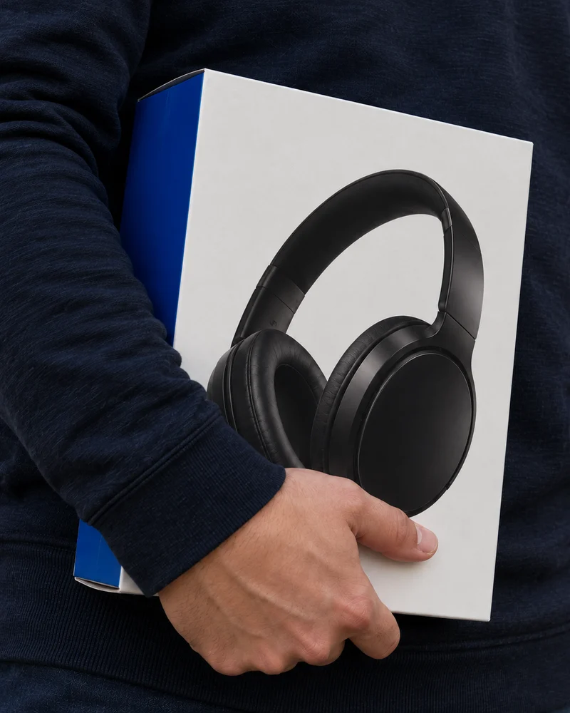 Primer plano de una persona sosteniendo una caja de audífonos sin marca.